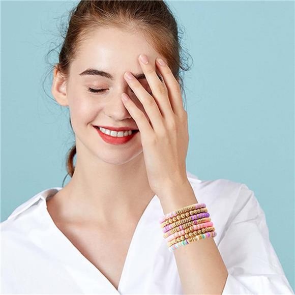 Surfer Heishi Clay Bead Bracelets for Women Bohemian Stackable Evil Eye Vinyl - Picture 7 of 8